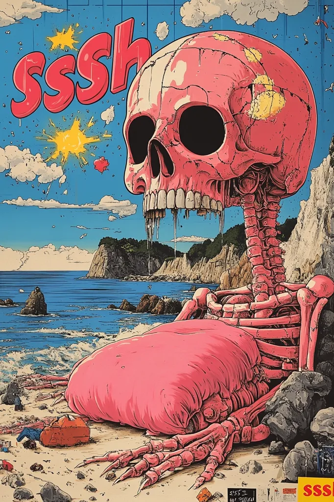 A cartoonish pink skull is lying on a beach with its mouth open and dripping, like a melting ice cream cone. It's sunny and there are clouds in the sky, and the sea is blue and foamy. The skull has a skeletal body and is resting its head on a large pink pillow. It looks surreal and almost dreamlike. The word "SSSH" appears in the upper left corner of the image,  as if the skull is letting out a long, drawn-out sigh.