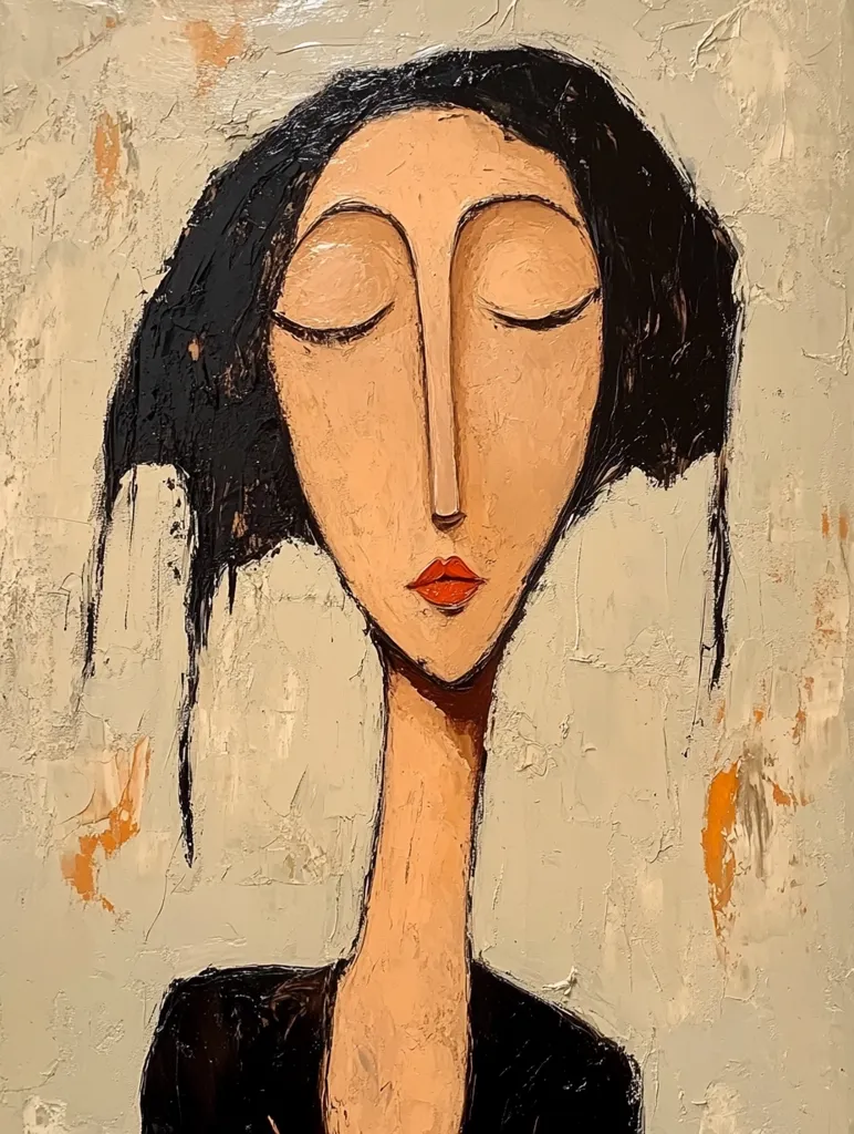 The painting depicts a woman with her eyes closed, her head tilted slightly to the side. Her long, thin neck is prominent, as is her long, straight nose and full, red lips. The woman's black hair is pulled back from her face and she wears a simple black blouse. The background is a textured, light gray color.  The artist has used thick, textured brushstrokes to create a feeling of depth and movement.