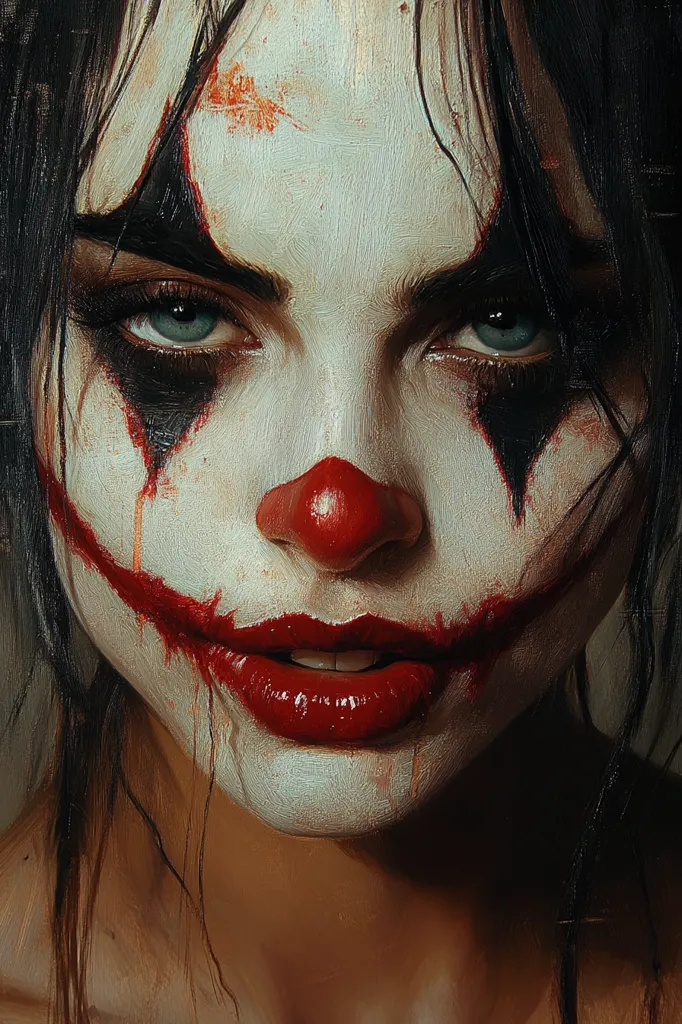 A woman with dark hair is wearing clown makeup, including white face paint, red lipstick, a red nose, and black eye makeup. The makeup is smudged and dripping, giving a sinister and unsettling look.  Her expression is a creepy smile, with a hint of mischief in her eyes. The background is blurred, leaving the focus on her face. The image evokes a sense of unease and possible danger.