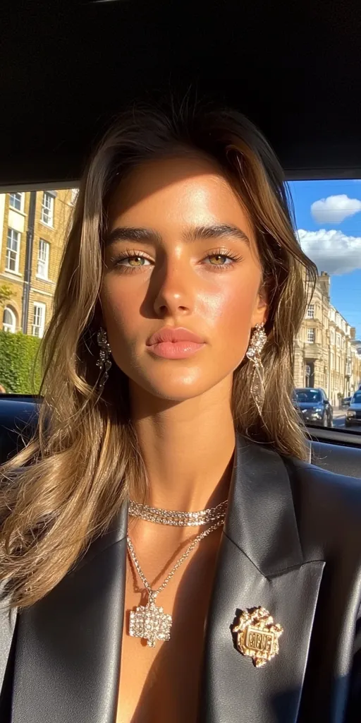 A young woman with long brown hair is wearing a black leather jacket and sparkling jewelry. She is sitting in a car, with a building and a clear blue sky visible outside the window. The sun is shining on her face, highlighting her features. Her expression is relaxed and confident. The image is bright and stylish, capturing a moment of beauty and glamour.