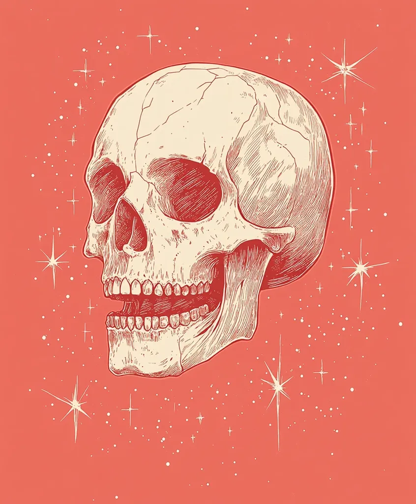 A detailed line drawing of a human skull is set against a vibrant coral background. The skull is tilted slightly, with its mouth open, revealing a set of teeth. The background is adorned with white stars, creating a cosmic atmosphere. The image evokes a sense of both macabre and celestial beauty.