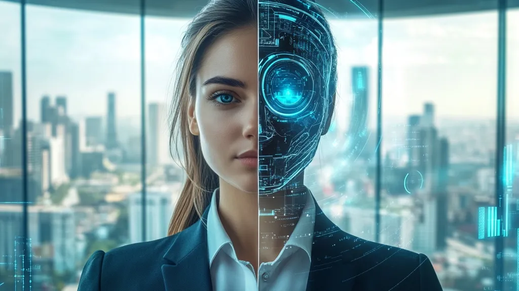 The image shows a woman standing in front of a window with a cityscape behind her. Her face is partially obscured by a digital overlay that resembles a robot's face. The overlay is composed of intricate circuitry and glowing blue lights. The image suggests the convergence of humanity and technology.