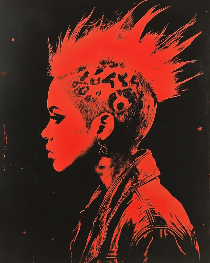 The image is a portrait of a person with a mohawk hairstyle, seen in profile.  The person's hair is bright red, and their face is in shadow.  The image is stark, with a lot of contrast, making it appear edgy and bold.  The person is wearing a leather jacket, adding to the rebellious look of the portrait.  The image is red and black, giving it a gritty and punk-inspired feel.