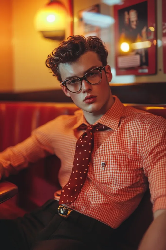 A young man with curly brown hair is wearing a red gingham shirt and black pants. He has on a dark red polka dot tie,  round rimmed glasses, and a belt buckle. He is sitting on a red booth with a warm yellow light above him. The man is looking at the camera and has a serious expression.
