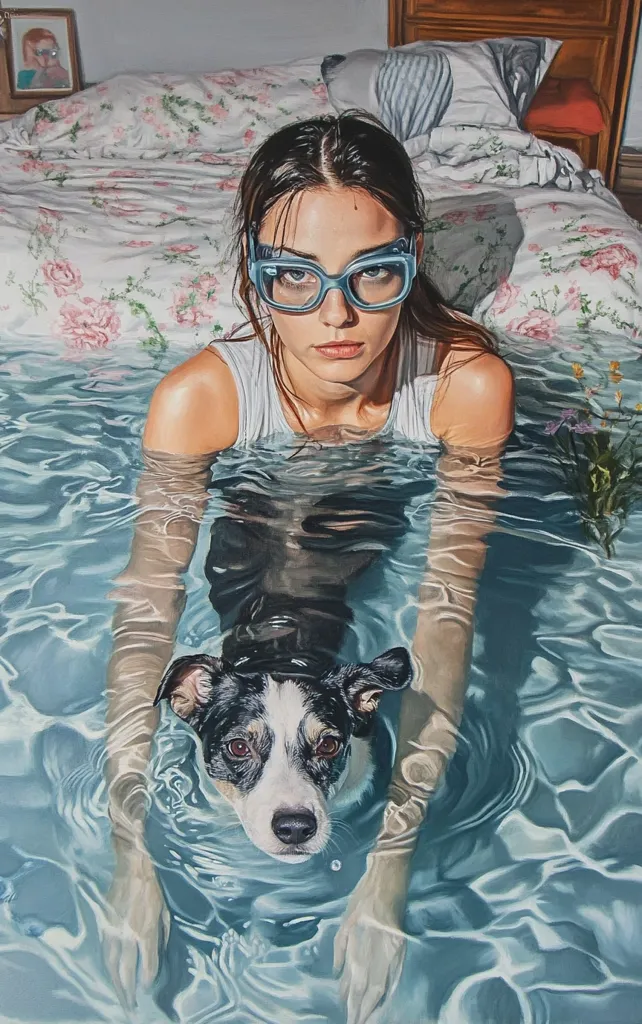 A woman with dark hair and blue-rimmed glasses is submerged in blue water with her dog. The dog is a black and white terrier mix. The water is clear and shimmering, and the woman's face is serious. The background is a bed with a floral bedspread.  The image is a realistic painting.