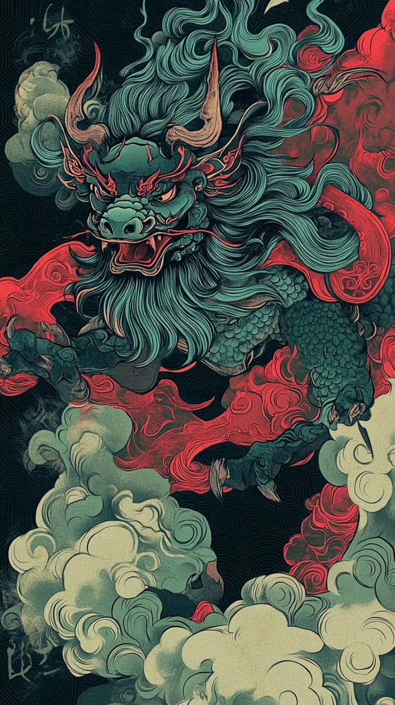 The image depicts a fierce-looking dragon-like creature with teal scales and a long, flowing mane of blue hair. The creature has a menacing expression with bared fangs and a large, curved horn on its forehead. It is surrounded by swirling clouds and red and blue wisps, suggesting a mystical or powerful nature. The image is rendered in a style reminiscent of traditional Japanese woodblock prints, with bold lines, dramatic contrast, and intricate details.