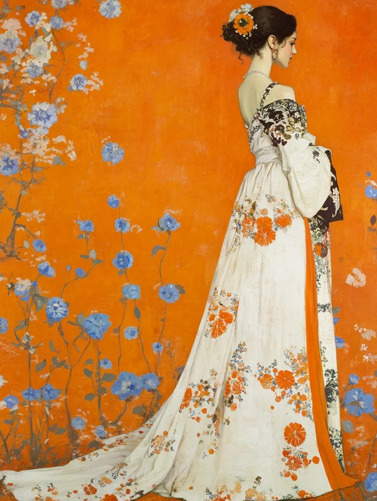 The painting depicts a woman in a flowing white dress with floral patterns, standing against a vibrant orange background. The dress is adorned with orange and blue flowers, creating a beautiful contrast against the bold orange backdrop.  Her dark hair is pulled back, and a single orange flower rests behind her ear. The woman's pose is elegant and graceful, suggesting a sense of serenity. The background features delicate blue flowers on thin stems, adding depth and texture to the scene. The overall effect is one of beauty, sophistication, and tranquility.