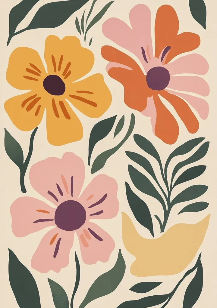 The image is a stylized floral pattern. It features three large flowers in yellow, pink, and orange, with green leaves surrounding them. The flowers are simplified and have a whimsical feel, with bold colors and outlines. The background is a light cream color, creating a contrast that highlights the colorful flowers. The image evokes a sense of natural beauty and joy.