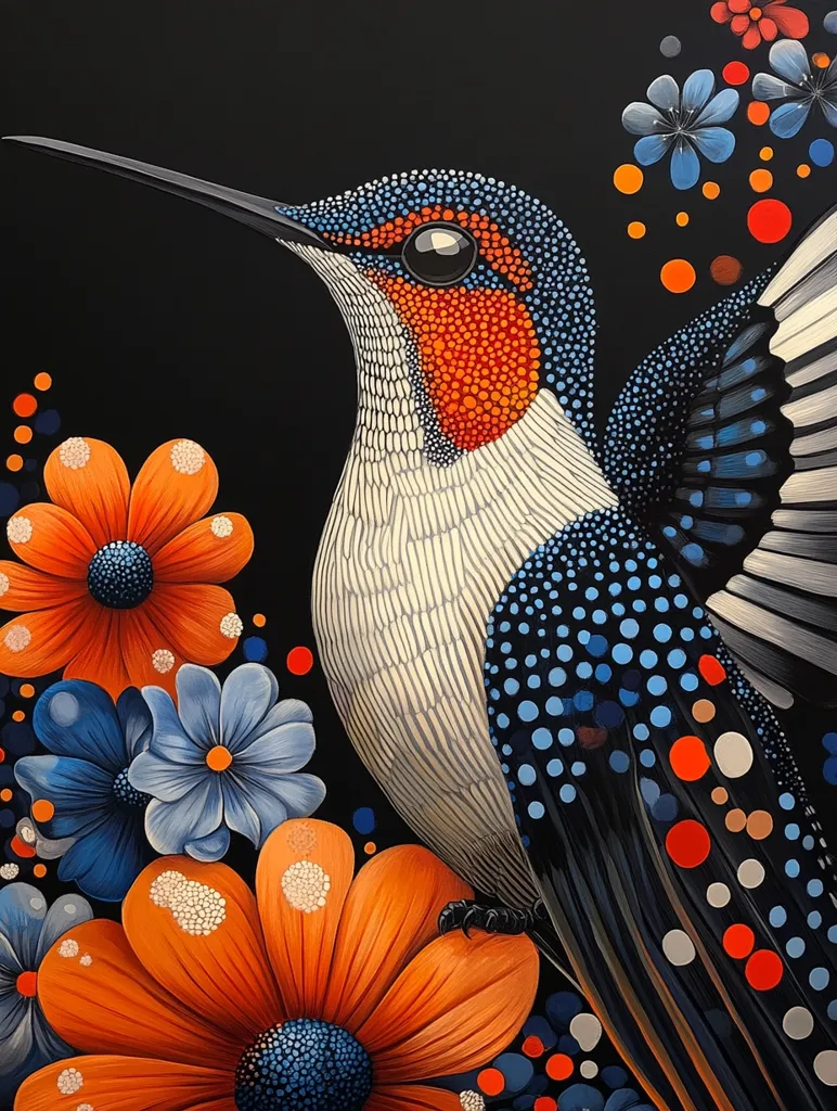 The painting features a vibrant hummingbird with a black background, surrounded by stylized flowers. The hummingbird's plumage is a striking mix of blue, black, and white dots, with an orange throat. The flowers are predominantly orange and blue, with white accents, creating a bold and eye-catching composition. The painting's use of bright colors and bold lines adds a sense of energy and movement, emphasizing the hummingbird's graceful form.
