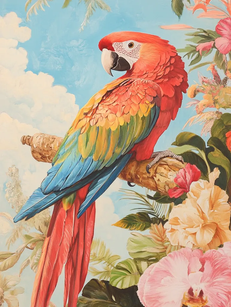A vibrant scarlet macaw with blue and green feathers perches on a branch amidst a lush tropical jungle. The bird's bright plumage contrasts against the vibrant foliage, creating a stunning visual composition. The background features a soft blue sky with fluffy white clouds. The painting captures the beauty and energy of a tropical paradise.