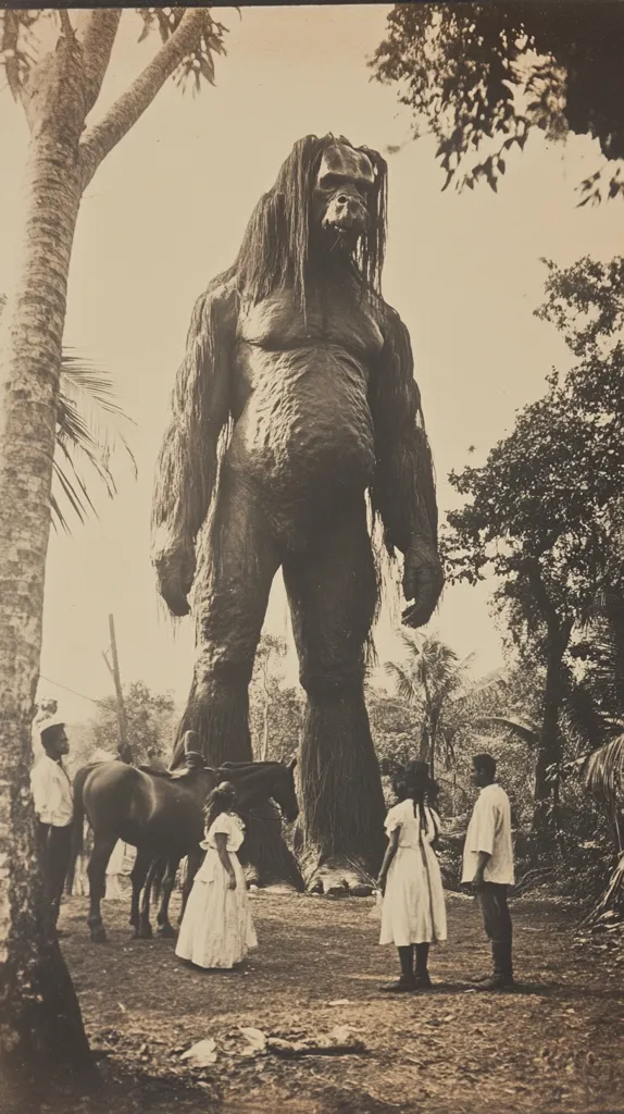 A large, hairy, humanoid figure stands in a clearing. It is larger than the trees and the people around it. The people are in awe and looking at the figure. Some are standing and some are on a horse. The photo is black and white and looks old. The scene is likely from a movie or a play.