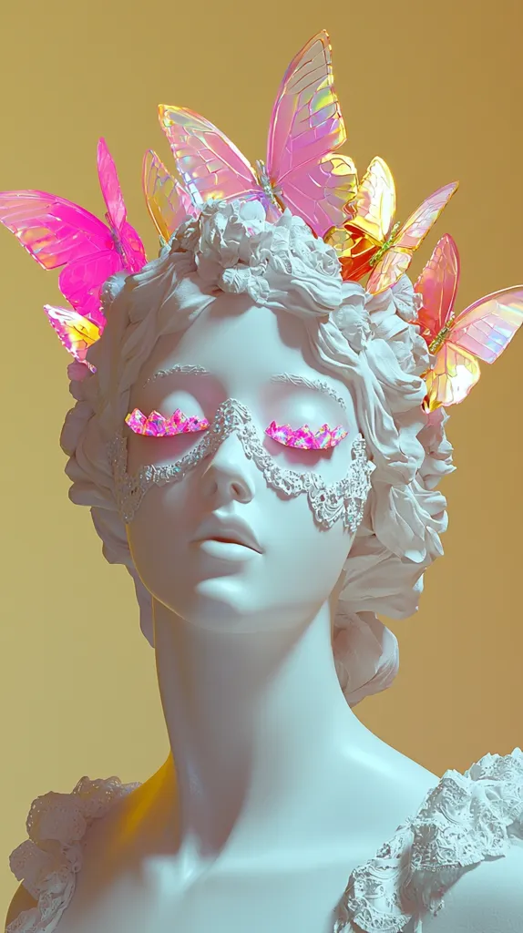 A white plaster bust of a woman with a crown of iridescent butterflies, is shown from the chest up.  The butterflies are pink and yellow, and the bust has a delicate lace covering the eyes. The background is a warm yellow.