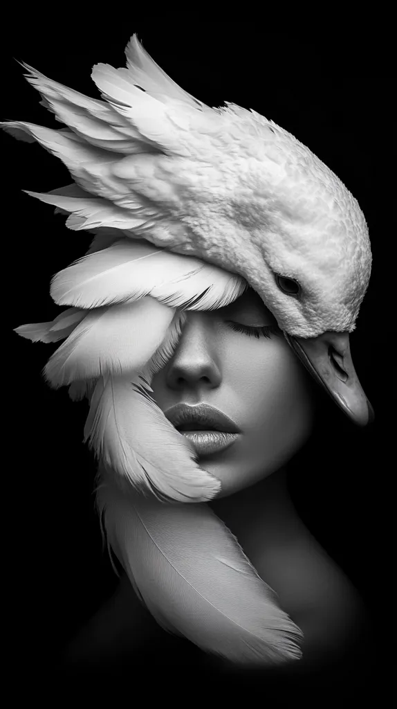 A black and white image of a woman's face with a swan's head covering her forehead and eyes.  The swan's head is angled to the right, with its beak pointing towards the right side of the frame. The woman's face is partially obscured by the swan's feathers, but her closed eyes, nose, and lips are visible. She has a soft, delicate look. The image is striking and mysterious.