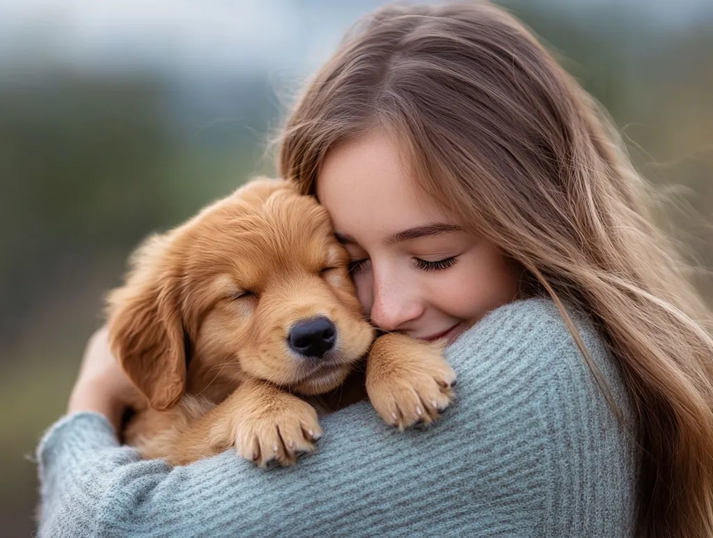 A young girl with long brown hair is hugging a golden retriever puppy. The puppy is nestled in her arms, its eyes closed and its head resting against her shoulder. The girl is smiling, and her expression is one of pure love and affection. The background is blurred, creating a soft and dreamy effect. The image captures the special bond between humans and animals, and the joy that comes from sharing a special moment with a furry friend.