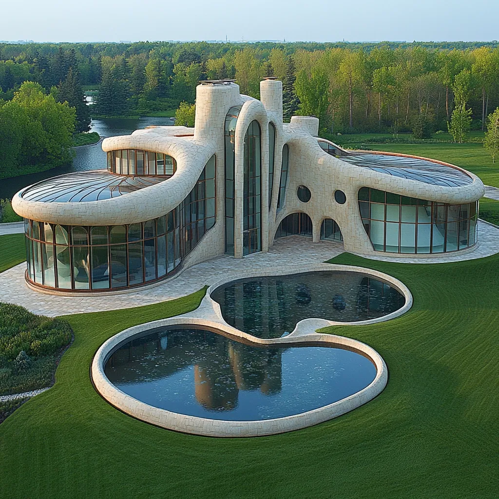 A modern, organic-shaped house with a stone facade and large windows sits amidst a lush green lawn. The house is surrounded by a series of curved pools of water, creating a unique and serene landscape. The architecture is both whimsical and elegant, reflecting a harmonious relationship between nature and design. The house is set against a backdrop of green trees, adding to the feeling of tranquility and escape.