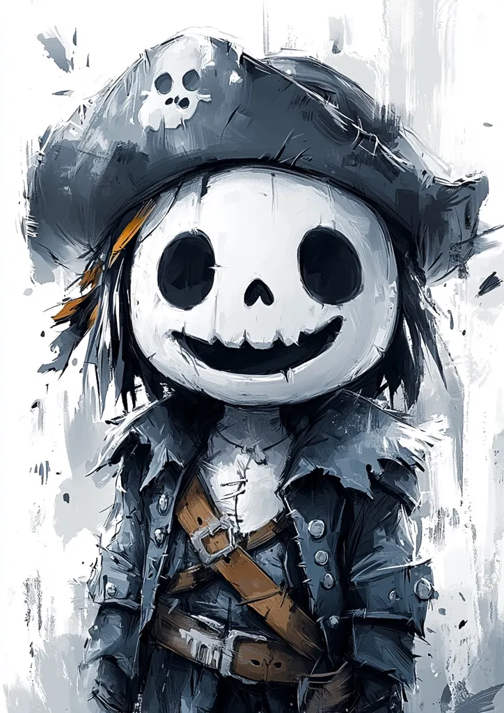 A cartoon pirate with a skull face and a pirate hat, wearing a patched-up jacket and leather belts, stands against a white, textured background. Their large, dark eyes and wide grin appear menacing. The pirate has a sewn-up chest and appears to be a skeleton with human features. The painting uses a stylized, painterly brushstroke style.