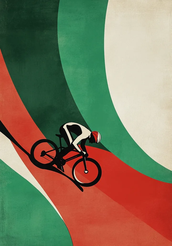 A stylized image of a cyclist in a black silhouette riding a bicycle on a red and green curved path. The cyclist is leaning forward in a racing position, with their helmet visible. The background is a simple abstract design of curved lines in red, green, and white. The image is a dynamic and colorful depiction of the thrill of cycling.