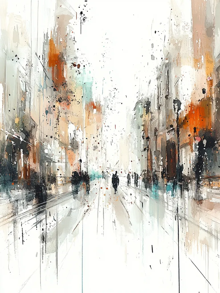 The image depicts a city street scene painted in a loose, abstract style. The buildings are rendered in muted colors, with a focus on their structural lines and forms. The street is empty, except for a few small figures walking in the distance, suggesting a sense of solitude and quiet. The overall effect is one of impressionism, with the use of washes of color and gestural brushstrokes creating a sense of movement and atmosphere. The composition is balanced and symmetrical, with the street leading the viewer's eye towards the horizon. The image evokes a feeling of urban tranquility and introspective beauty.