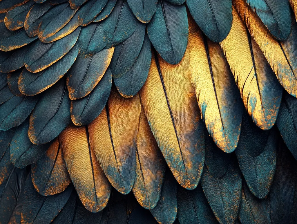 The image shows a close-up of a bird's feathers. The feathers are a combination of deep teal and gold, creating a luxurious and elegant look. The texture of the feathers is evident, with the individual barbs and quills visible. The image evokes a sense of beauty, nature, and perhaps even royalty.