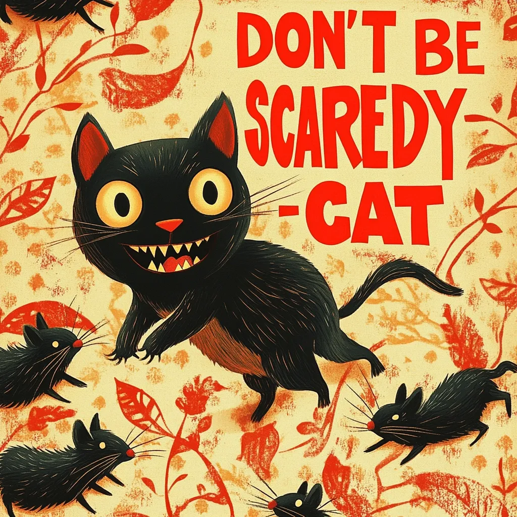 The image depicts a black cat with a mischievous grin, surrounded by five small mice. The cat is standing on its hind legs, with its front paws raised in the air, as if it's about to pounce. The background is a vintage-looking cream color with red floral patterns. The image is captioned in bold red letters: "Don't be scaredy-cat." The illustration evokes a sense of playful danger and whimsy.