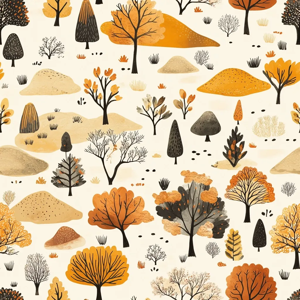 The image depicts a whimsical forest scene with various trees in shades of orange, yellow, and brown. The trees are stylized with rounded canopies and simple branches. The background is a soft cream color, with scattered dots and small patches of brown and yellow. There are also small mounds of earth, adding a whimsical touch to the overall design. The image evokes a sense of peacefulness and tranquility, with the stylized trees creating a playful and charming atmosphere.
