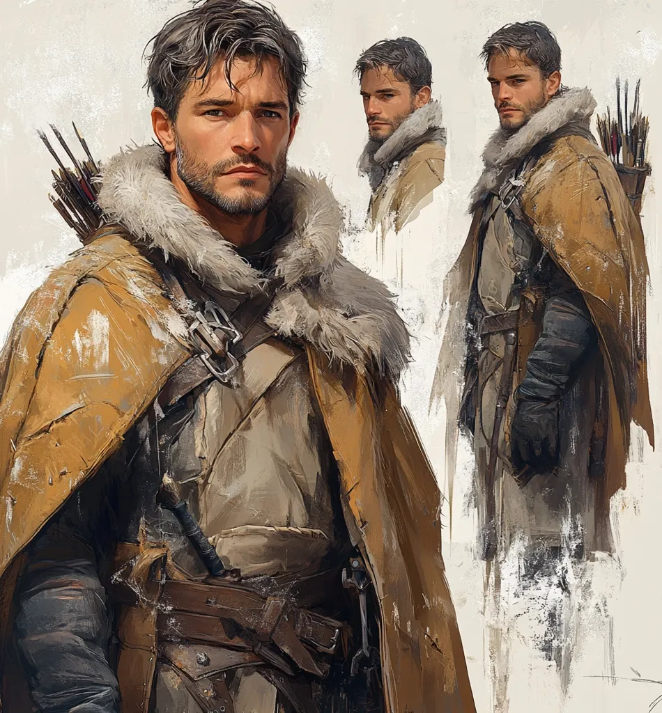 The image shows a man with dark hair and a beard, wearing a brown leather coat with fur trim, a brown leather belt, and black gloves. He is carrying a quiver of arrows on his back. He is depicted in three different poses, with the main pose in the center. The background is a light gray, creating a minimalist effect. The image evokes a sense of adventure and exploration.  The painting style is reminiscent of fantasy art and character design, with a focus on detail and realism.