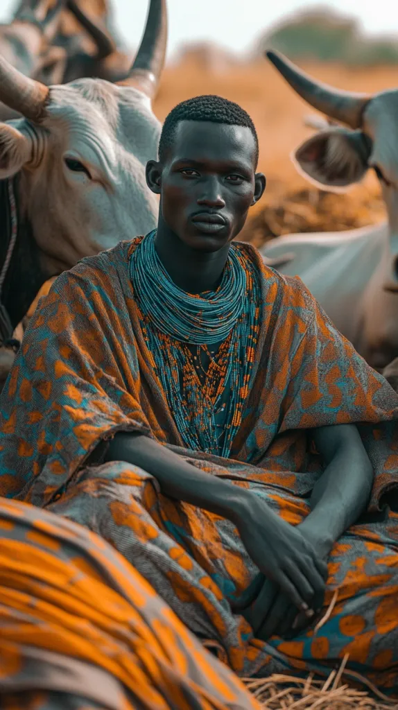 A young man with dark skin and a serious expression sits in front of a white cow. He is wearing a brightly colored robe with a multi-layered necklace of blue and orange beads. The man is seated in a field of dry grass, and the cow is standing behind him. The image has a muted color palette. The man's dark skin and the muted colors create a sense of depth and mystery in the image.