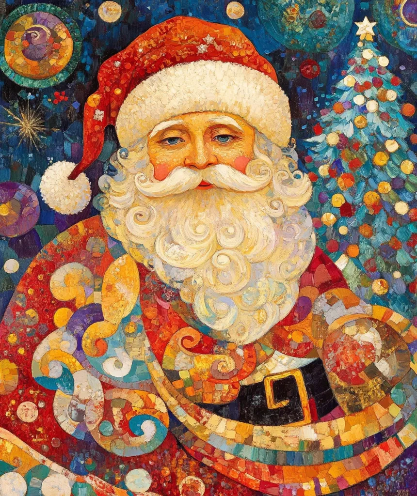 The painting features a whimsical depiction of Santa Claus. He wears a red hat with white fur trim, a white beard, and a red and gold patterned coat. A large, decorated Christmas tree stands behind him. The background is a vibrant mosaic of blue, purple, and yellow, with swirling patterns and glittering stars. The artist uses thick paint and bold colors to create a festive and magical atmosphere.  Santa looks kindly at the viewer, his expression conveying warmth and joy.  The overall impression is one of happy anticipation and the magic of Christmas.