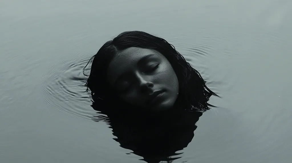 The image shows a woman with long dark hair submerged in a body of water, her face just below the surface. Her eyes are closed, and the water creates gentle ripples around her head. The monochrome palette and the woman's peaceful expression evoke a sense of serenity and tranquility.  The image is suggestive of a moment of quiet reflection and contemplation.