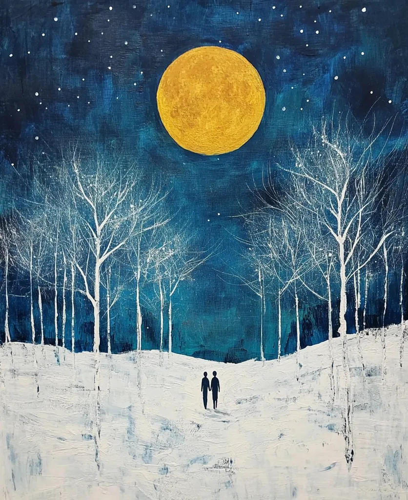 A painting depicts a snowy landscape under a star-filled night sky. A large, golden moon hangs high in the sky, illuminating the white, snow-covered ground. Silhouettes of bare trees stand tall in the foreground, while two figures walk hand-in-hand towards the moonlit horizon. The painting evokes a sense of peace and tranquility.