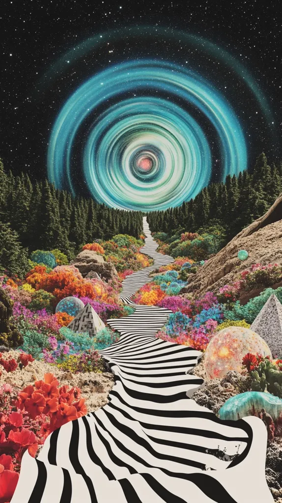 A surreal landscape unfolds beneath a swirling, turquoise sky dotted with stars. A path, striped in black and white, snakes through a forest of vibrant, colorful flowers and rounded rocks.  Orbs and pyramids add to the dreamlike atmosphere, inviting the viewer to step into a world beyond reality.