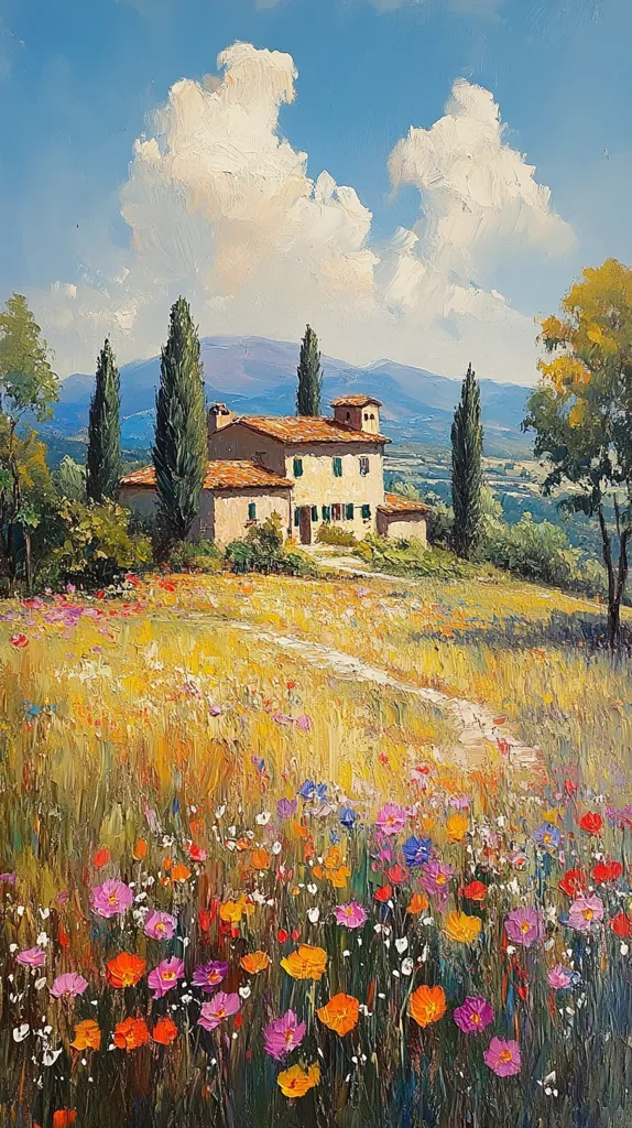 The painting depicts a picturesque countryside scene with a charming Italian villa nestled among tall cypress trees and lush greenery. The villa is painted in a warm beige tone, accented by terracotta tile roofs and green shutters. The foreground features a vibrant meadow bursting with wildflowers in hues of pink, orange, and yellow, while a gentle dirt path leads the eye towards the villa.  The sky is a bright blue canvas dotted with fluffy white clouds, adding a sense of serenity and warmth to the scene.