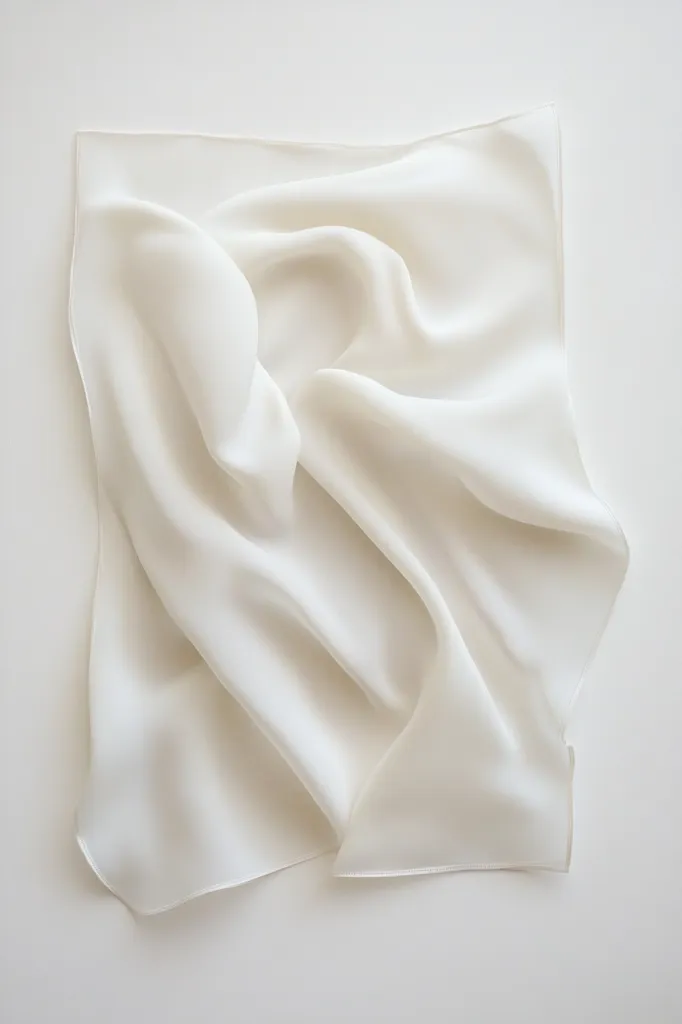 A piece of soft, white fabric is draped on a plain white background. The fabric has been folded and arranged to create a simple, elegant and almost abstract composition. The folds and creases in the fabric give it a sense of movement and flow. The light catches the fabric, highlighting its texture and sheen. The image is a study in simplicity and beauty.