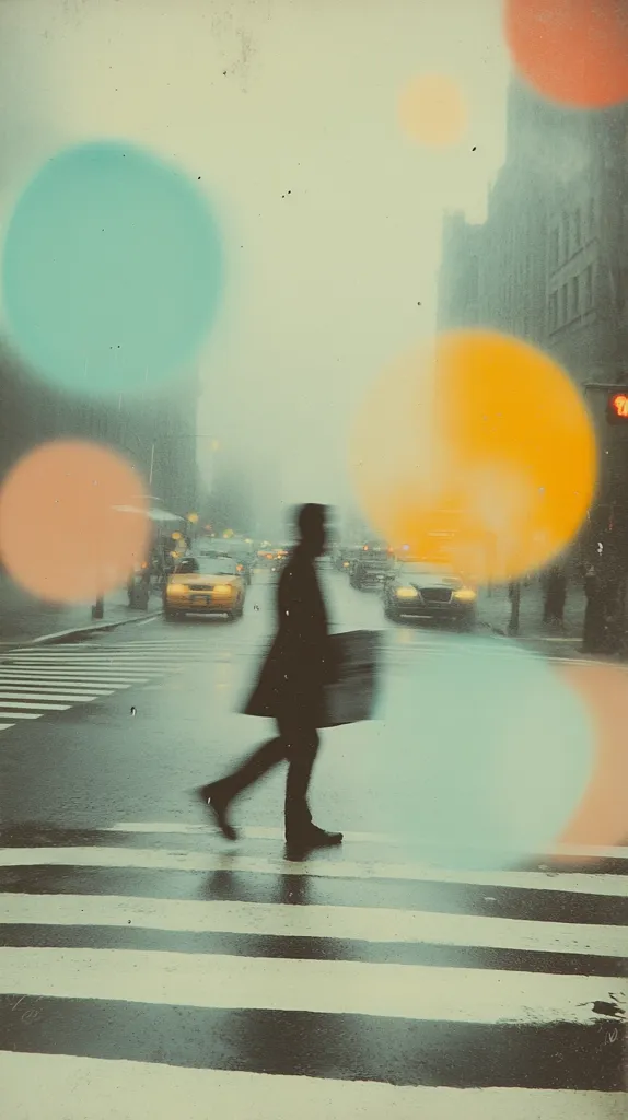 A lone figure walks across a crosswalk in a city street. The image is blurred and hazy, with a retro filter applied.  The street is wet, and the figure appears as a silhouette against a background of colorful circles and a tall building. The overall effect is dreamy and nostalgic.