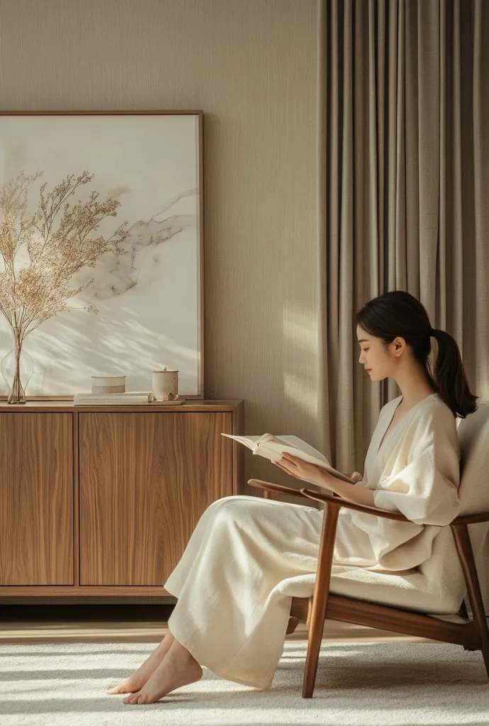 A young woman in a white robe sits in a wooden armchair, reading a book. Natural light streams through a large window behind her, illuminating the room. A wooden cabinet with two doors stands to her left, with a framed print of a dried flower arrangement above it. The room is decorated in a minimalist style, with neutral colors and soft textures. The scene evokes a sense of calm and tranquility.