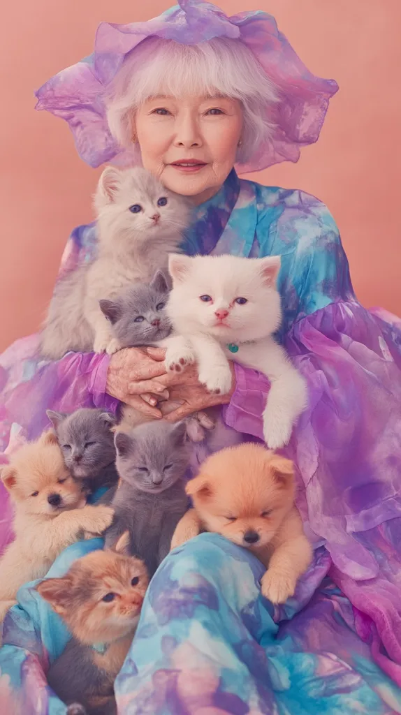 An elderly woman with white hair, wearing a large purple and blue patterned hat and matching robe, is surrounded by kittens and puppies. She is holding a white kitten and a gray kitten on her lap. Two puppies are nestled in her arms, and two kittens and a puppy are on the floor in front of her. The woman has a warm and gentle expression on her face, and she appears to be enjoying the company of her furry companions.