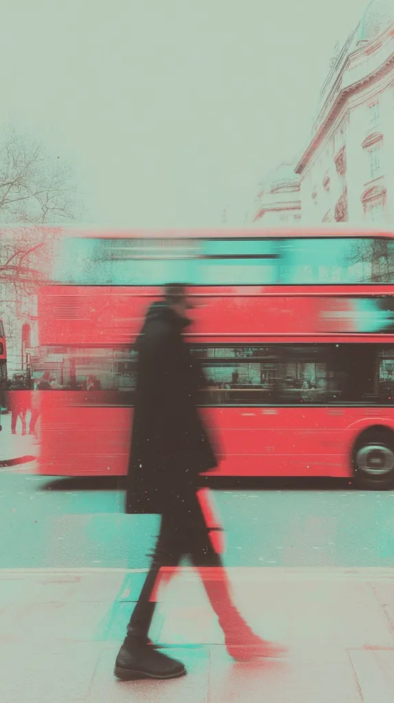 A blurry image of a person walking in front of a red double-decker bus in a city. The image has a vintage, almost faded look, with a muted color palette of red, pink, and blue. The person's figure is blurred, as if they are moving quickly, and the bus is also out of focus. The image evokes a sense of motion and urban life. The background is blurry and out of focus, featuring a tall, white building and a glimpse of a tree.