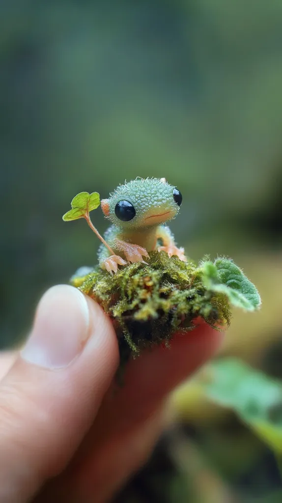 A tiny, green, fuzzy creature with large black eyes sits on a bed of moss in a person's hand. The creature appears to be a handmade toy, with a leaf growing out of its head. The background is a blurry green, creating a soft, natural feel. The image is focused on the detail of the creature, highlighting its miniature size and endearing appearance.