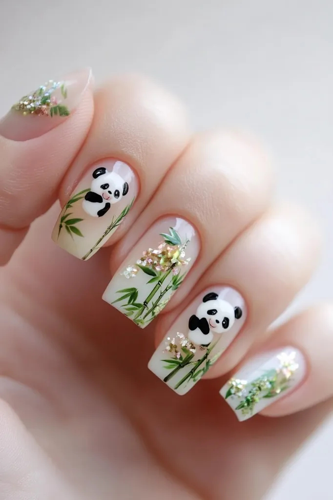 A hand with manicured nails. Each nail is painted a nude color and decorated with a panda bear and a bamboo design. The designs are intricate and detailed, making the manicure look very elegant.