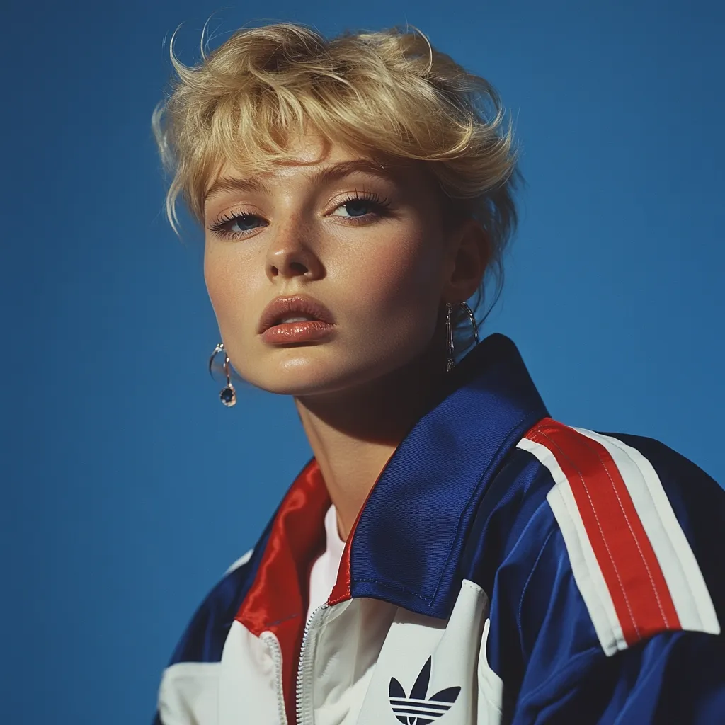 A young woman with short blonde hair, styled in a messy yet elegant way, is staring intensely at the camera. She wears a white, blue, and red tracksuit jacket, with the Adidas logo prominently displayed. The background is a solid blue, creating a stark contrast with her bright complexion and outfit. The lighting is soft and flattering, highlighting her features. Her expression is confident and poised, conveying a sense of strength and determination.