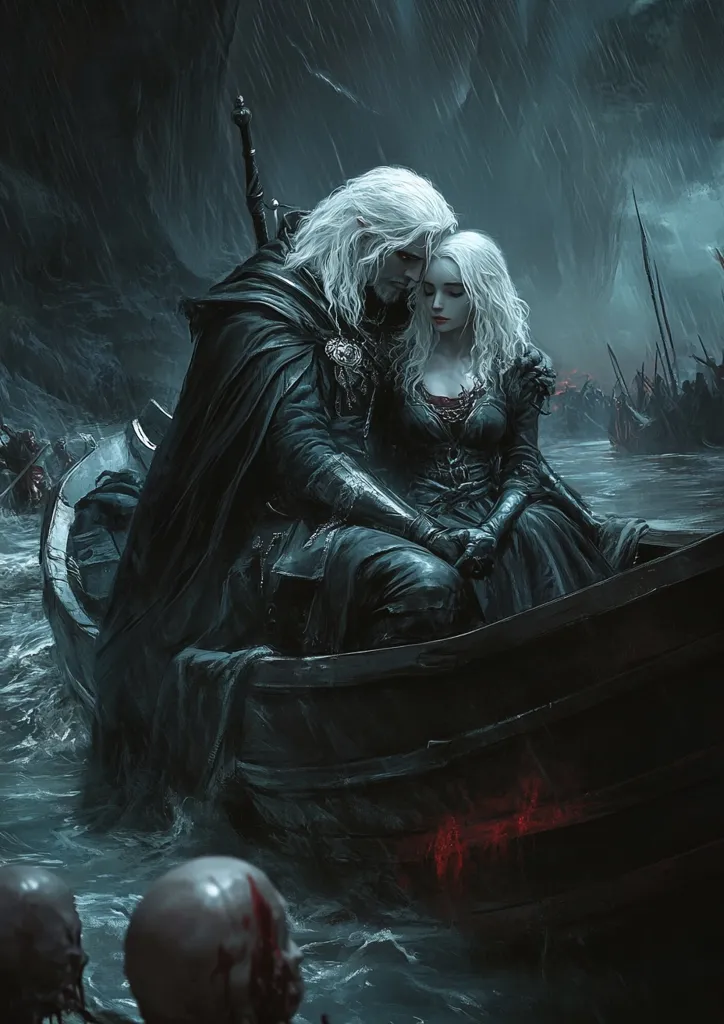 A man and a woman are in a small boat on a dark, stormy sea. The man, with long white hair and a sword at his side, has his arm around the woman. She has long white hair and is dressed in a dark gown. The boat is small and wooden, and the sea is choppy and dark. The man and woman are looking at each other, and they seem to be in love. The image is dark and mysterious, and it suggests a sense of danger.