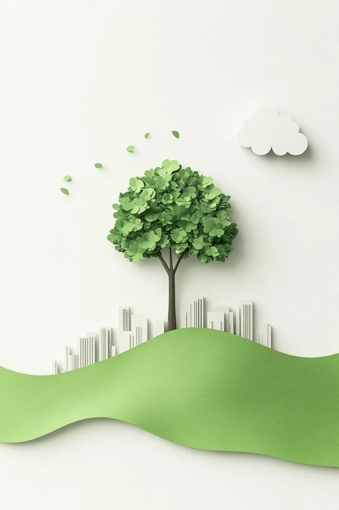 The image is a papercraft illustration of a green tree and a cloud in a white background. The tree is standing on a green hill, which is also made of paper, with a white city behind it. A few paper leaves are scattered in the air, suggesting wind blowing through the scene. The colors and textures give the image a simple and whimsical look.  The scene creates a feeling of peace and tranquility.
