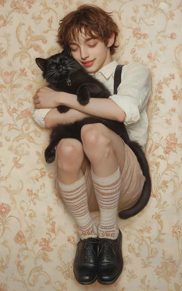 A young person with brown hair and a white shirt is sitting on a floral patterned bed. They are holding a black cat close to their chest, their face tilted towards the cat with a gentle smile. They are wearing striped socks and black shoes, and their legs are crossed. The image is a portrait of a warm and intimate moment between a person and their pet.