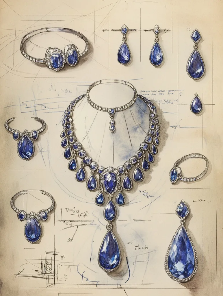 The image is a watercolor sketch of jewelry designs. There are six pieces, all with large blue sapphires. The designs include a bracelet, a necklace, two pairs of earrings, and a ring. They are sketched on a beige paper with intricate lines and notes in black ink.