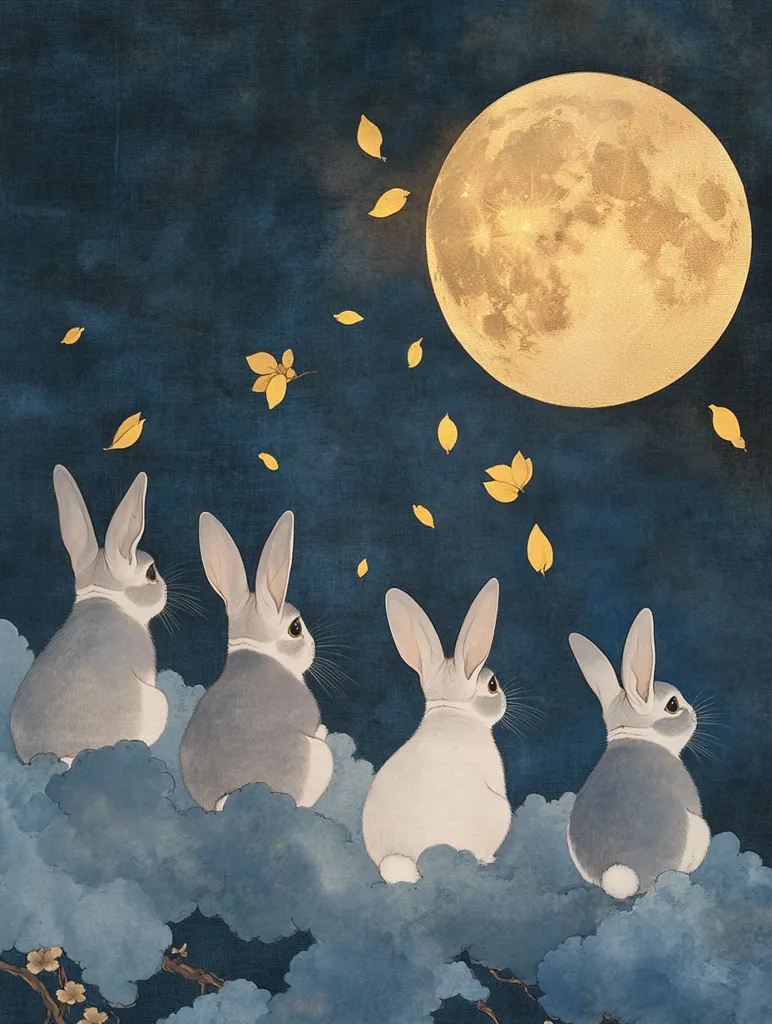 Four rabbits are sitting on clouds, gazing upwards at a large, full moon. The sky is a deep blue, and small yellow leaves drift down around the rabbits. The scene is serene and whimsical, evoking a sense of wonder and tranquility. The moon is the focal point, radiating a soft, golden light. The rabbits, with their fluffy tails and attentive expressions, seem to be enjoying the magical night. The painting captures a peaceful moment in nature, where the rabbits and the moon share a harmonious connection.