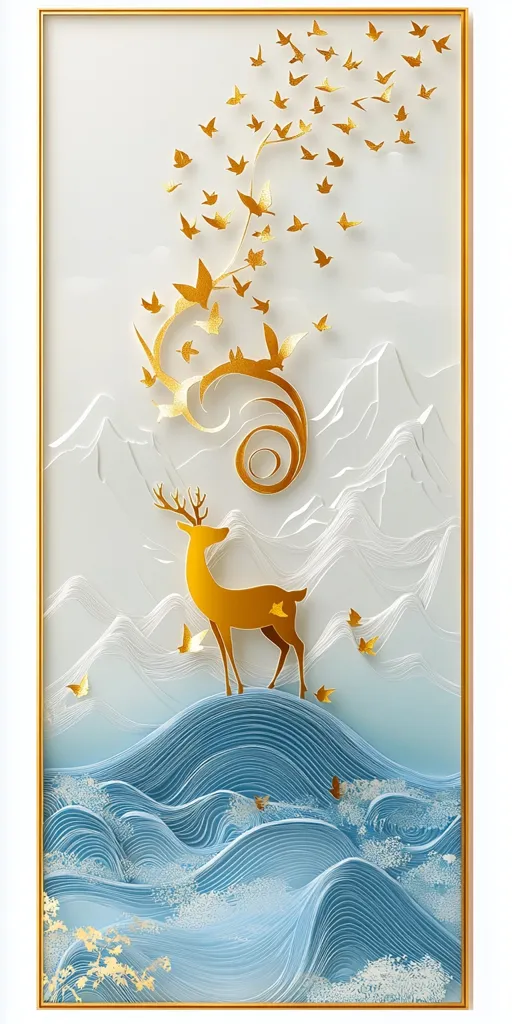The image depicts a delicate and intricate paper art piece. A golden deer stands on a blue and white wave-like landscape, surrounded by a swirling pattern of golden branches and butterflies. The piece is framed in gold, adding to the elegant and refined feel of the art. The use of layered paper creates a 3D effect, making the piece appear to float off the canvas. The image evokes a sense of tranquility and beauty, inspiring a sense of wonder and serenity.
