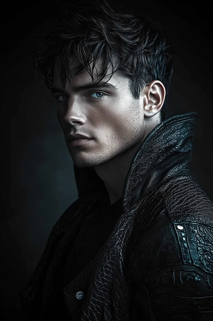 A young man with dark, tousled hair and piercing blue eyes is pictured in a close-up shot. He is wearing a black leather jacket with intricate details, and his gaze is focused intently on something outside the frame. The image is moody and dramatic, with deep shadows and high contrast. The man's expression is intense and enigmatic, suggesting a sense of mystery or intrigue.  The image has a strong sense of style and sophistication.