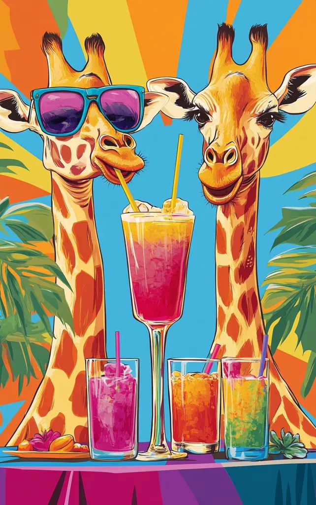 Two giraffes, one wearing sunglasses, enjoy colorful cocktails on a bright tropical background.  They are surrounded by palm leaves, and the giraffes are in a playful mood, with one appearing to wink.  The drinks are a variety of colors, with pink, orange, and green, and the image is full of vibrant hues and a sense of summer fun.