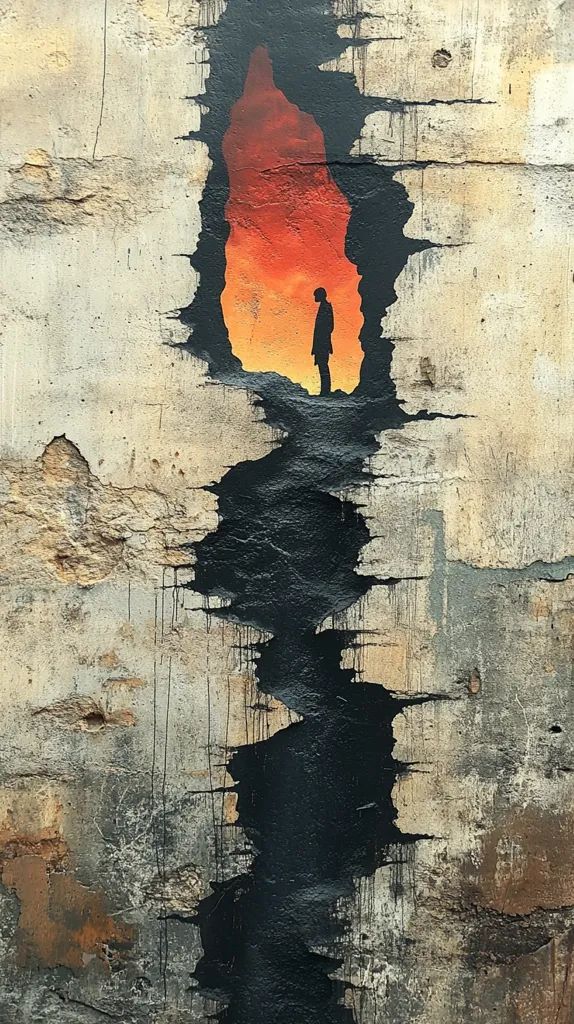 The image depicts a large crack in a concrete wall, painted black. The crack reveals a glimpse of a sunset-colored landscape behind it. A silhouette of a person stands in the distance, watching the sunset. The contrasting colors and textures of the wall and the landscape create a sense of depth and mystery.  The image evokes a feeling of hope and possibility, despite the brokenness of the wall.