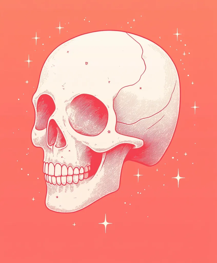 A detailed line drawing of a human skull, with a prominent jawline and visible teeth, is set against a vibrant coral pink background. The skull is tilted to the side, creating a dynamic perspective. Scattered across the background are tiny white stars, adding a touch of whimsy and intrigue to the image.  The contrasting colors and the intricate detail of the skull create a captivating and thought-provoking composition.